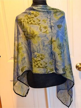 Sheer Floral Scarf Wrap in Blue and Green